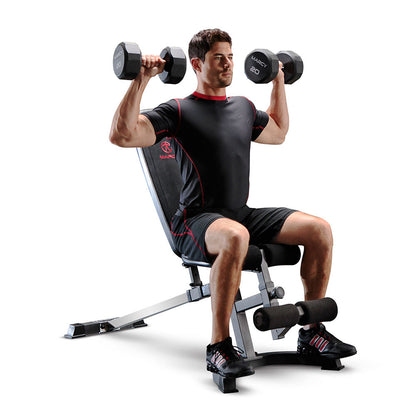 The Marcy SB-510 Utility Bench in use - military press