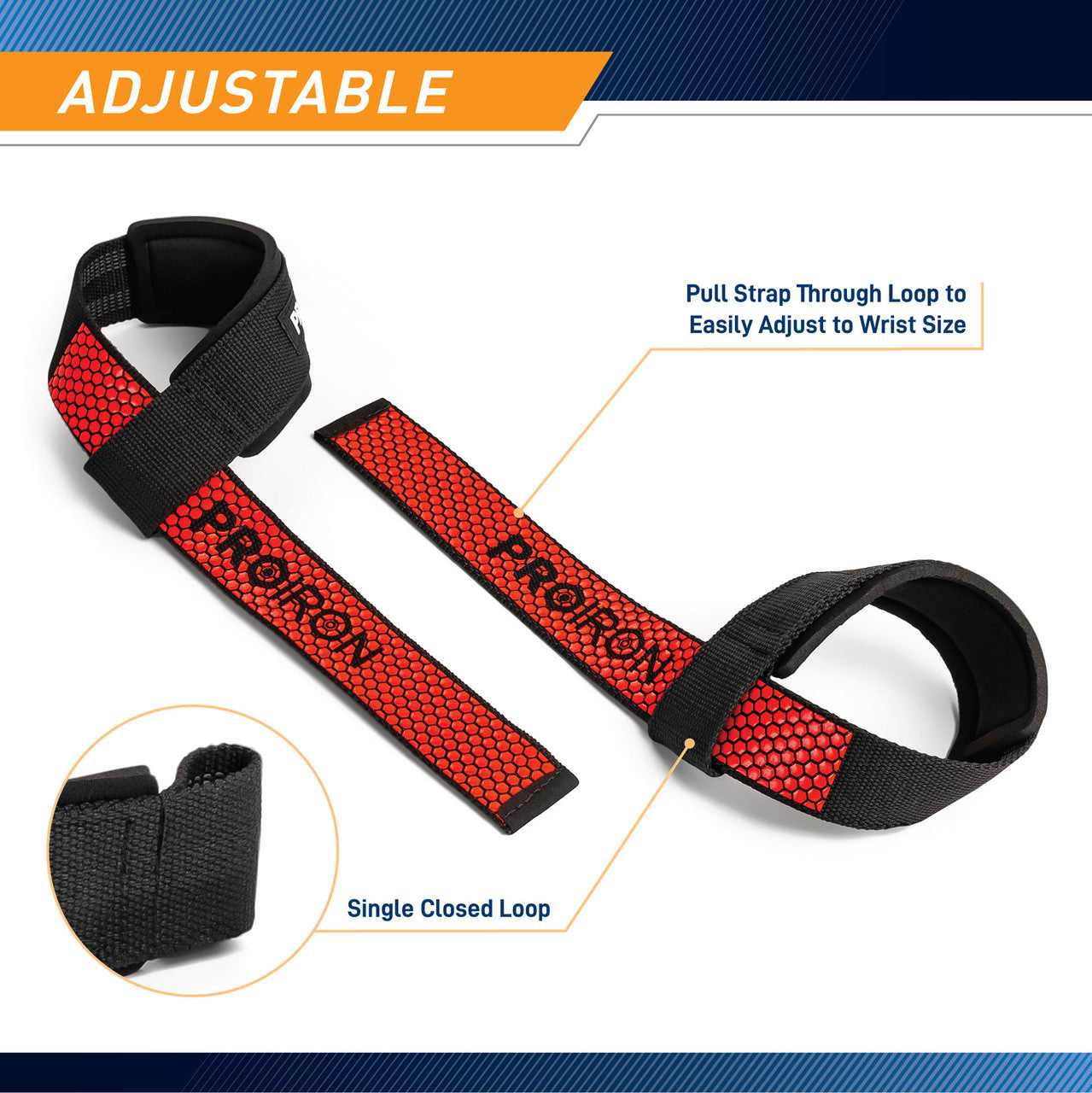 Weight Lifting Straps to Improve Grip (Pair)  ProIron PRO-ZLD01-1 - Infographic - Adjustable